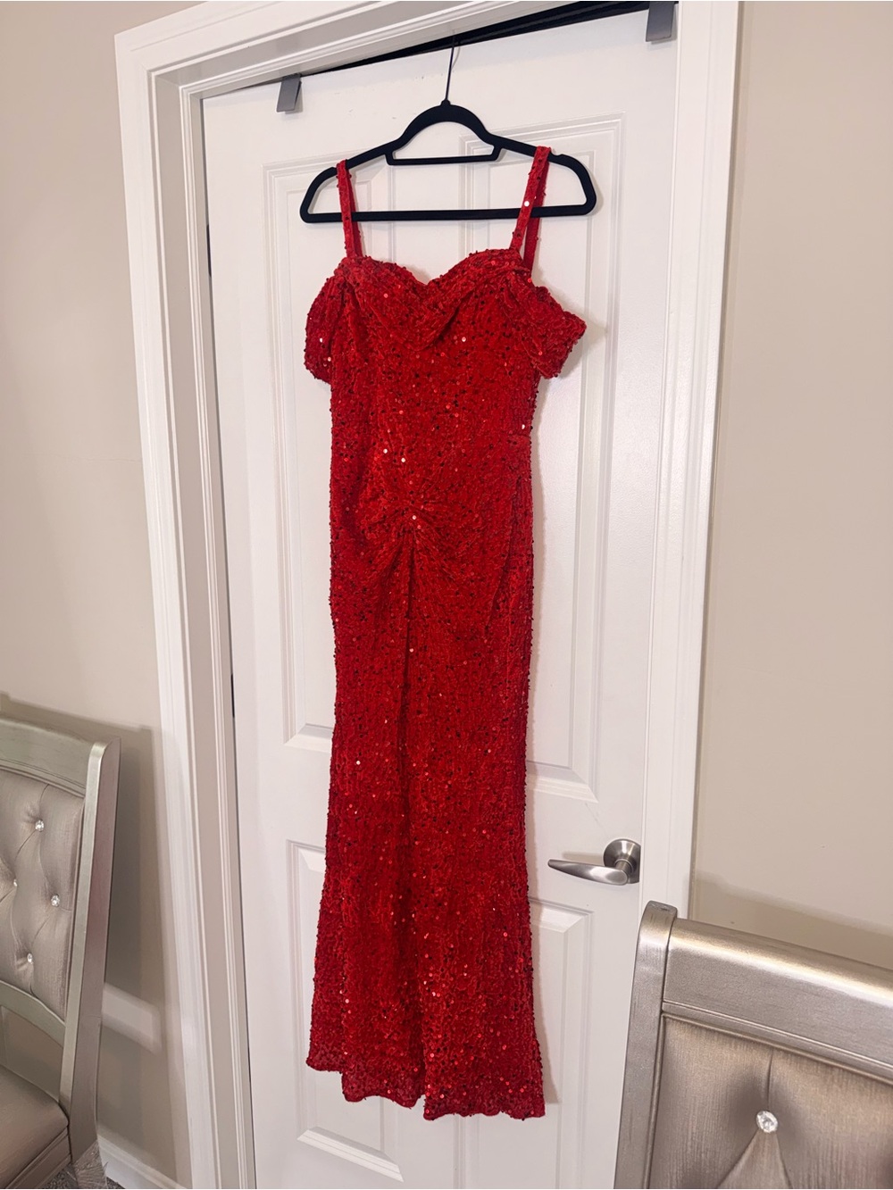 Elegant Red Sequin Evening Gown - Women Dresses